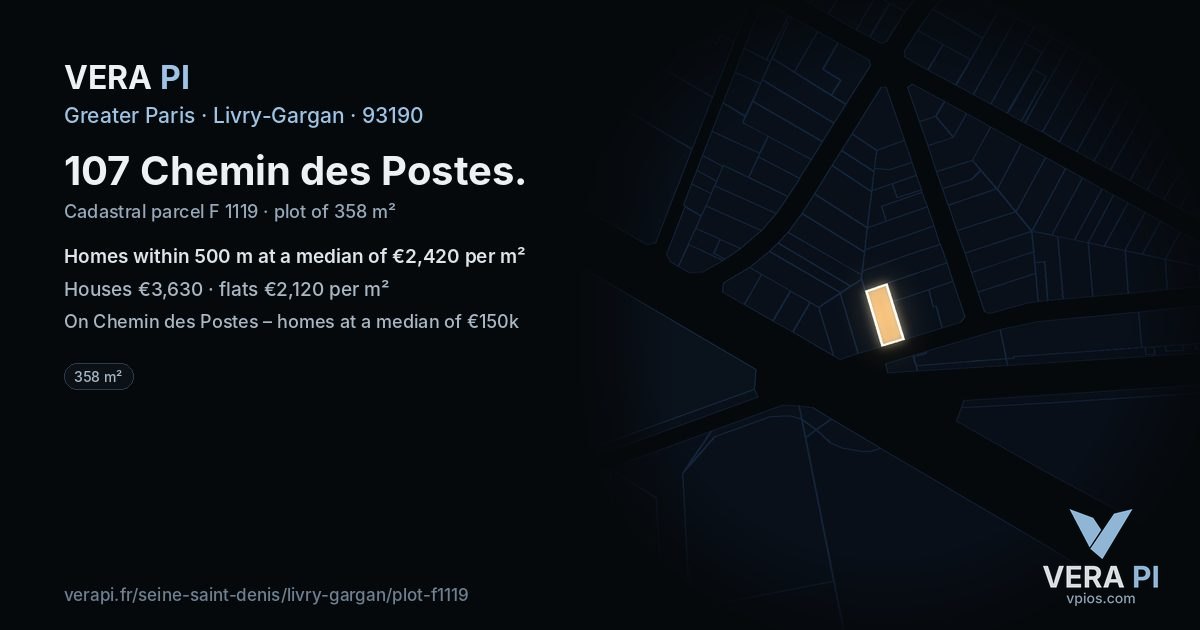 107 Chemin des Postes, Livry-Gargan at night – the plot lit, the parcels around coloured by the prices near them