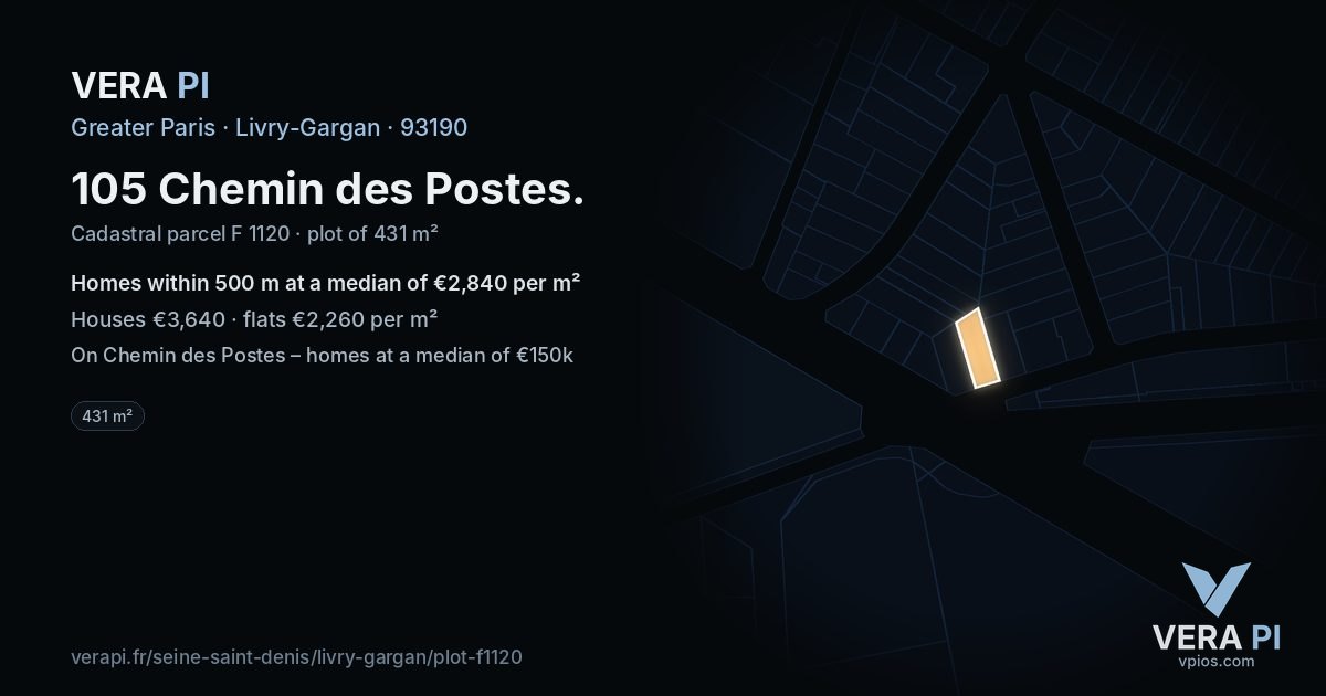 105 Chemin des Postes, Livry-Gargan at night – the plot lit, the parcels around coloured by the prices near them