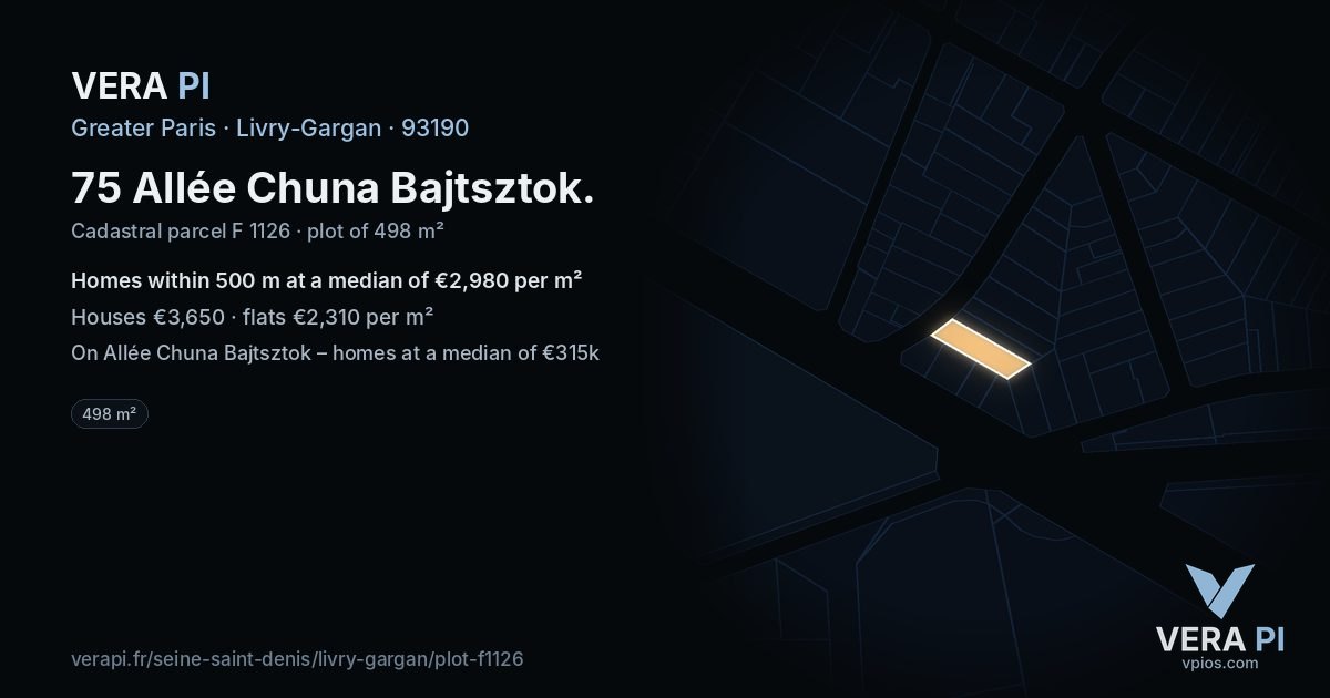 75 Allée Chuna Bajtsztok, Livry-Gargan at night – the plot lit, the parcels around coloured by the prices near them