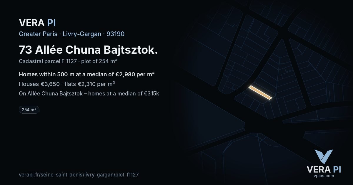 73 Allée Chuna Bajtsztok, Livry-Gargan at night – the plot lit, the parcels around coloured by the prices near them