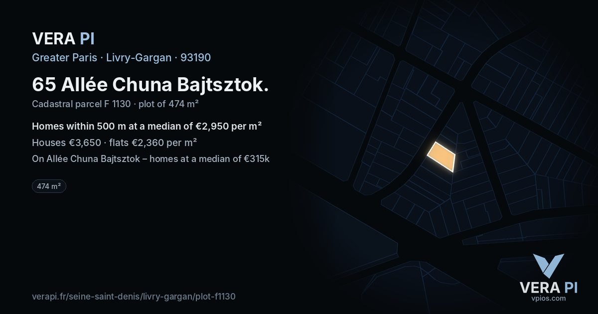 65 Allée Chuna Bajtsztok, Livry-Gargan at night – the plot lit, the parcels around coloured by the prices near them