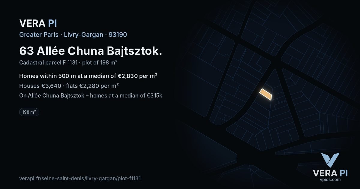 63 Allée Chuna Bajtsztok, Livry-Gargan at night – the plot lit, the parcels around coloured by the prices near them