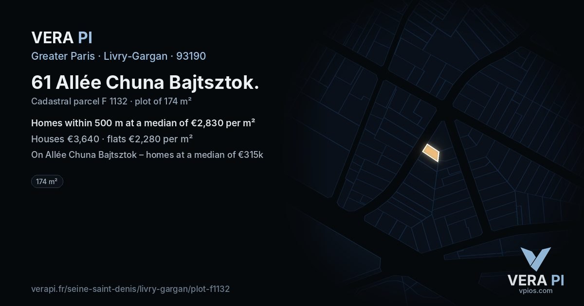 61 Allée Chuna Bajtsztok, Livry-Gargan at night – the plot lit, the parcels around coloured by the prices near them