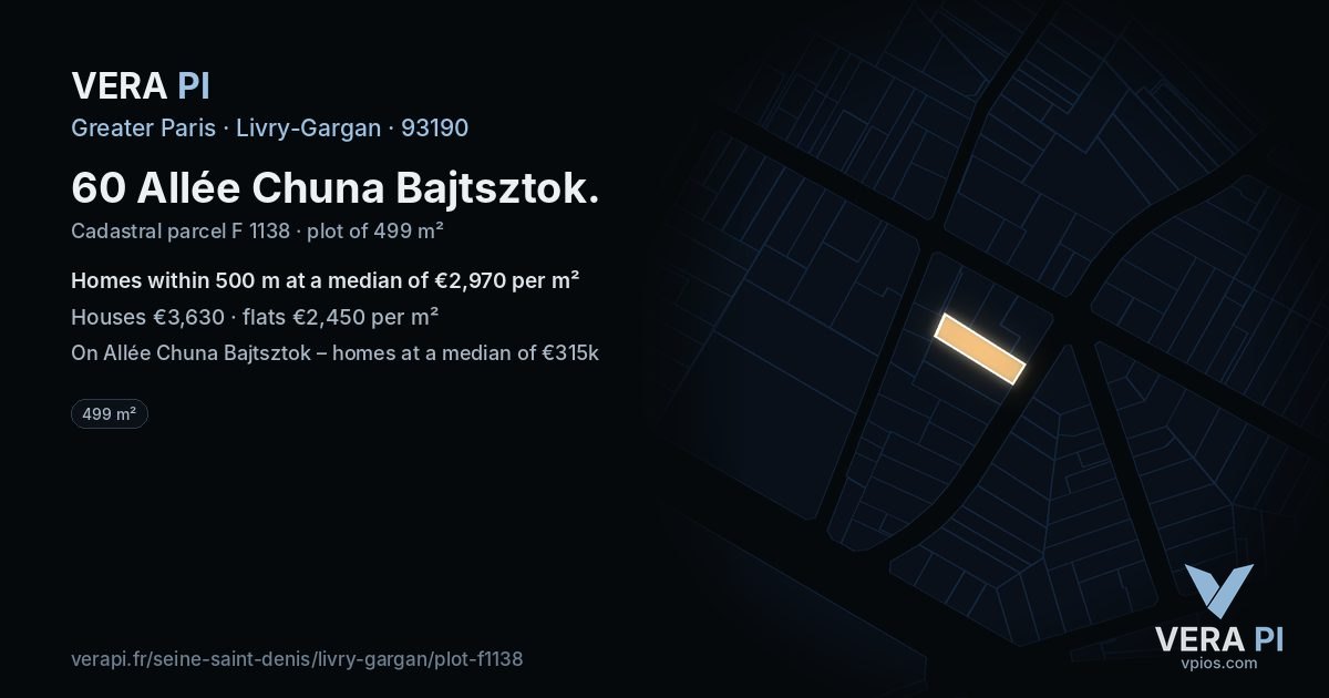 60 Allée Chuna Bajtsztok, Livry-Gargan at night – the plot lit, the parcels around coloured by the prices near them