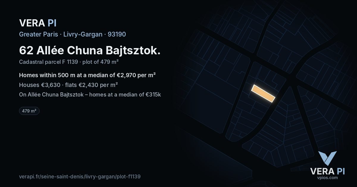 62 Allée Chuna Bajtsztok, Livry-Gargan at night – the plot lit, the parcels around coloured by the prices near them