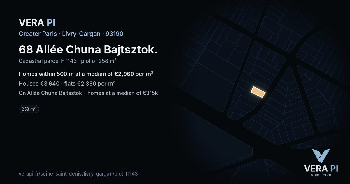 68 Allée Chuna Bajtsztok, Livry-Gargan at night – the plot lit, the parcels around coloured by the prices near them