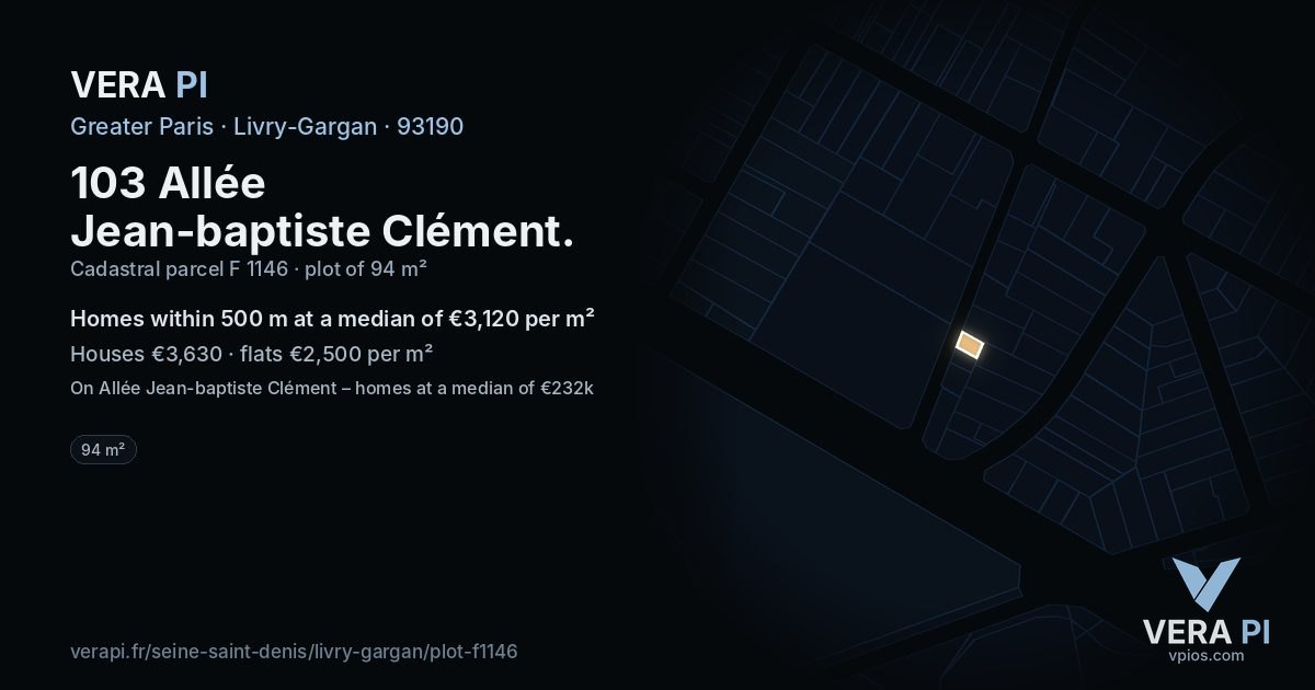 103 Allée Jean-baptiste Clément, Livry-Gargan at night – the plot lit, the parcels around coloured by the prices near them