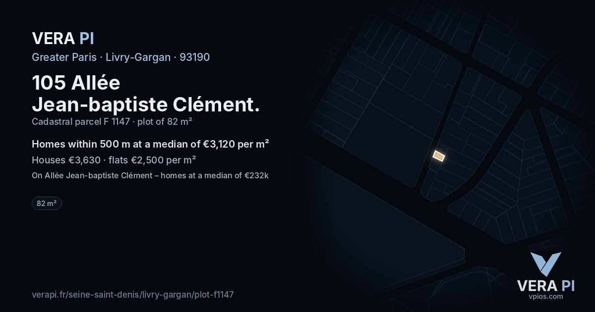 105 Allée Jean-baptiste Clément, Livry-Gargan at night – the plot lit, the parcels around coloured by the prices near them