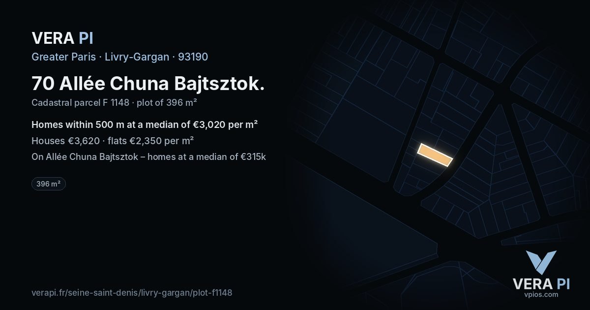 70 Allée Chuna Bajtsztok, Livry-Gargan at night – the plot lit, the parcels around coloured by the prices near them