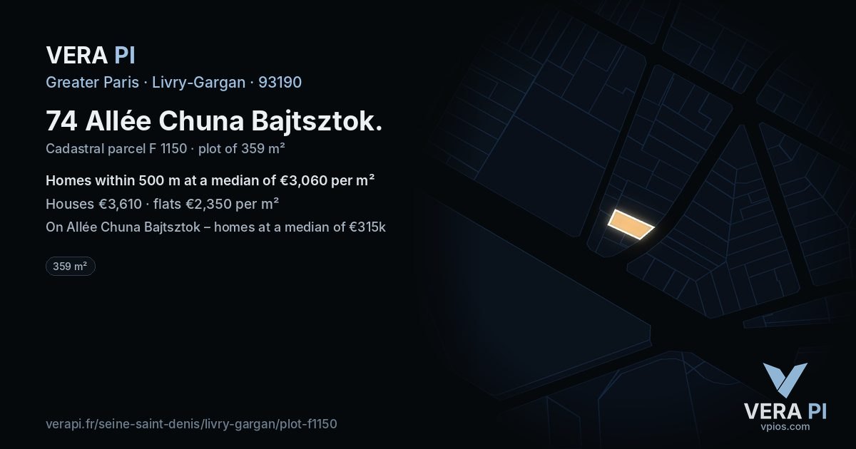 74 Allée Chuna Bajtsztok, Livry-Gargan at night – the plot lit, the parcels around coloured by the prices near them