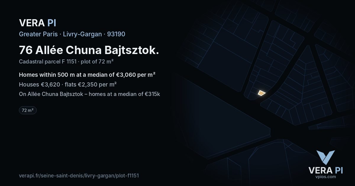 76 Allée Chuna Bajtsztok, Livry-Gargan at night – the plot lit, the parcels around coloured by the prices near them