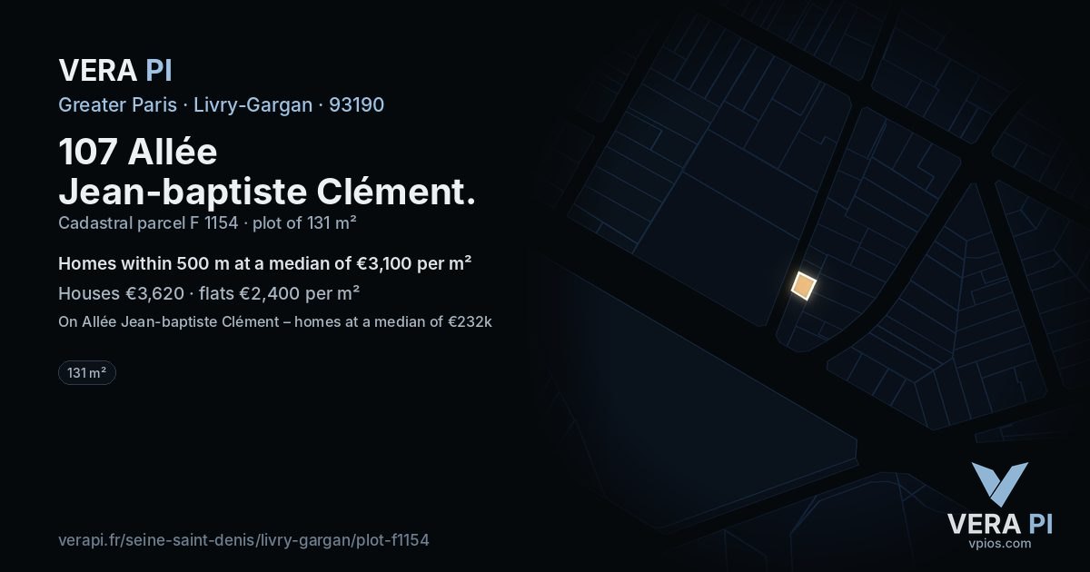 107 Allée Jean-baptiste Clément, Livry-Gargan at night – the plot lit, the parcels around coloured by the prices near them