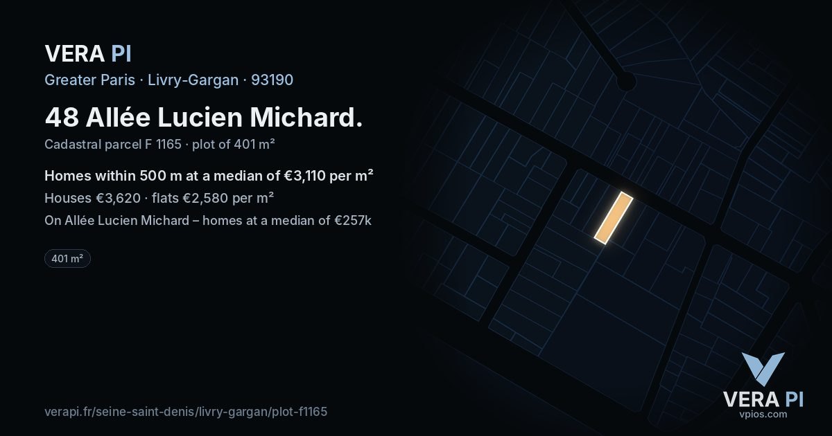 48 Allée Lucien Michard, Livry-Gargan at night – the plot lit, the parcels around coloured by the prices near them