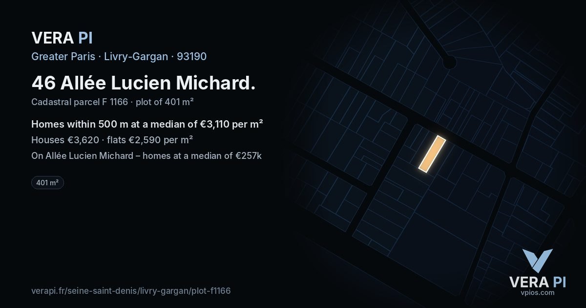46 Allée Lucien Michard, Livry-Gargan at night – the plot lit, the parcels around coloured by the prices near them