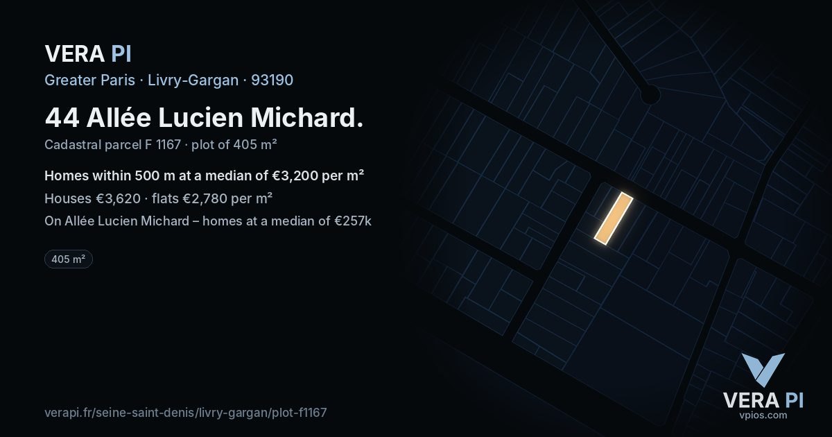 44 Allée Lucien Michard, Livry-Gargan at night – the plot lit, the parcels around coloured by the prices near them