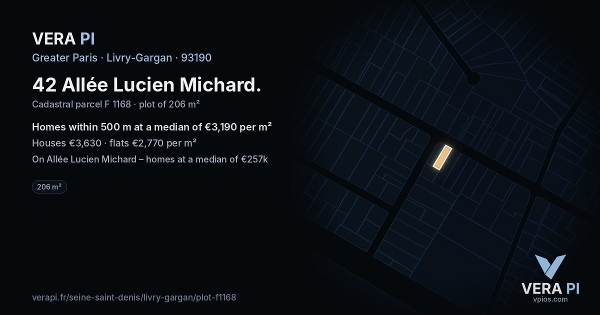 42 Allée Lucien Michard, Livry-Gargan at night – the plot lit, the parcels around coloured by the prices near them