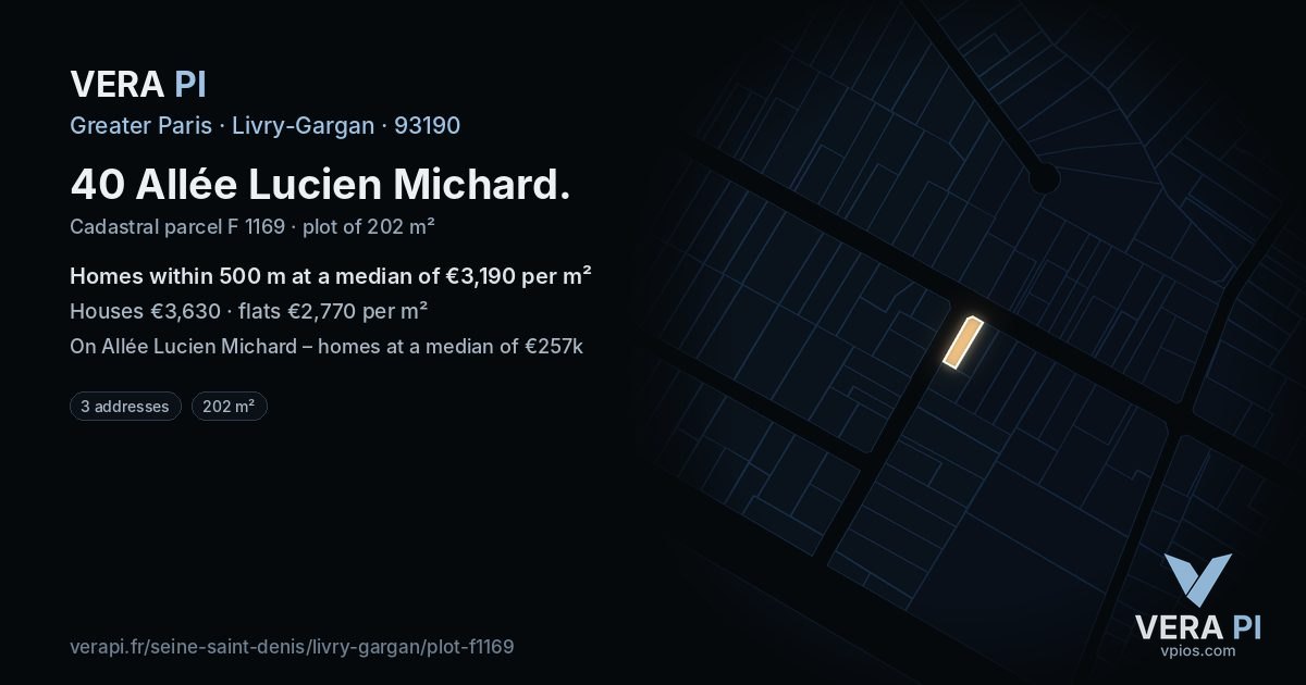 40 Allée Lucien Michard, Livry-Gargan at night – the plot lit, the parcels around coloured by the prices near them