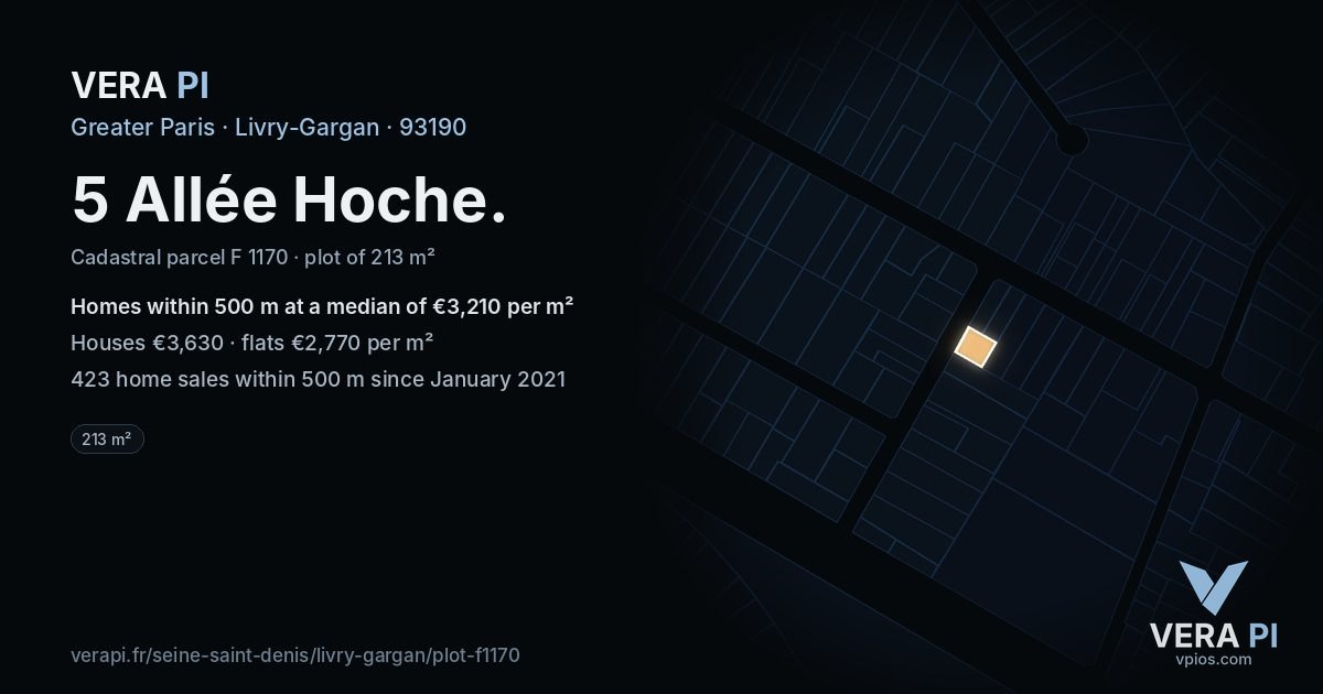 5 Allée Hoche, Livry-Gargan at night – the plot lit, the parcels around coloured by the prices near them