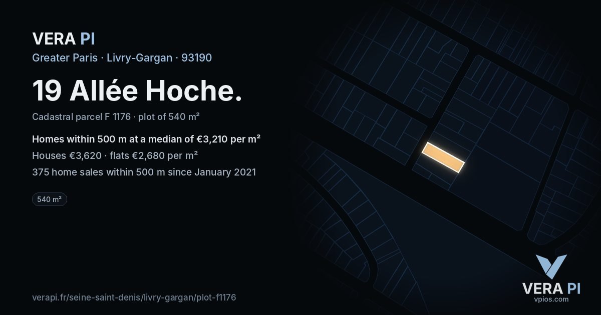 19 Allée Hoche, Livry-Gargan at night – the plot lit, the parcels around coloured by the prices near them