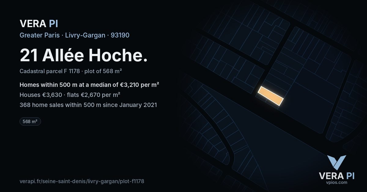 21 Allée Hoche, Livry-Gargan at night – the plot lit, the parcels around coloured by the prices near them