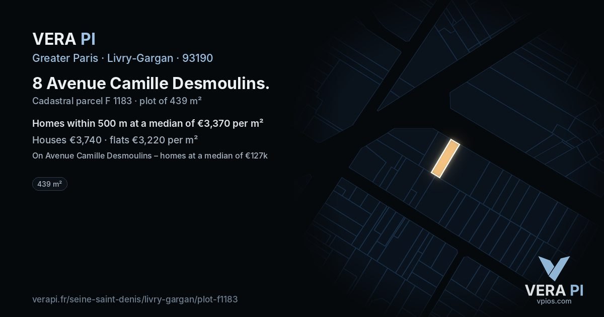 8 Avenue Camille Desmoulins, Livry-Gargan at night – the plot lit, the parcels around coloured by the prices near them