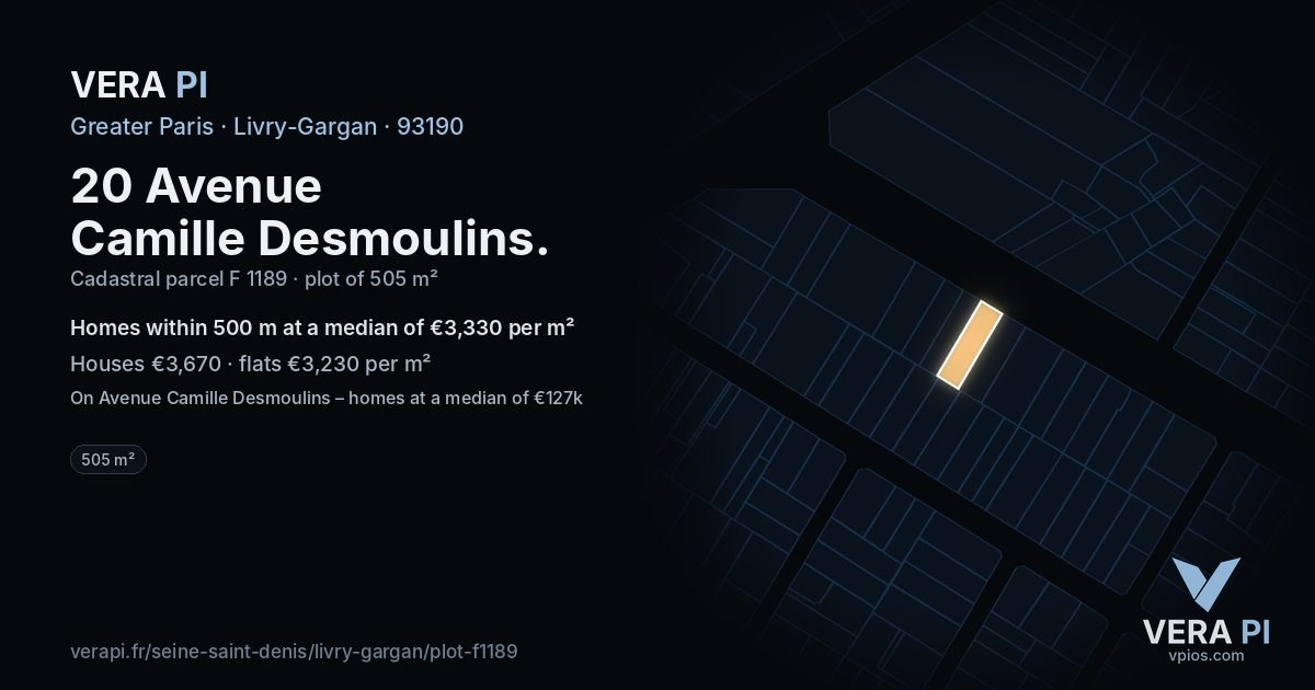 20 Avenue Camille Desmoulins, Livry-Gargan at night – the plot lit, the parcels around coloured by the prices near them