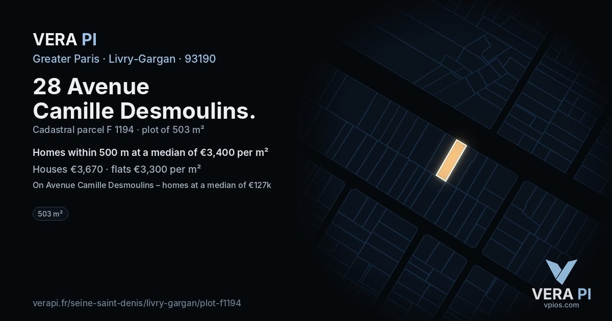 28 Avenue Camille Desmoulins, Livry-Gargan at night – the plot lit, the parcels around coloured by the prices near them