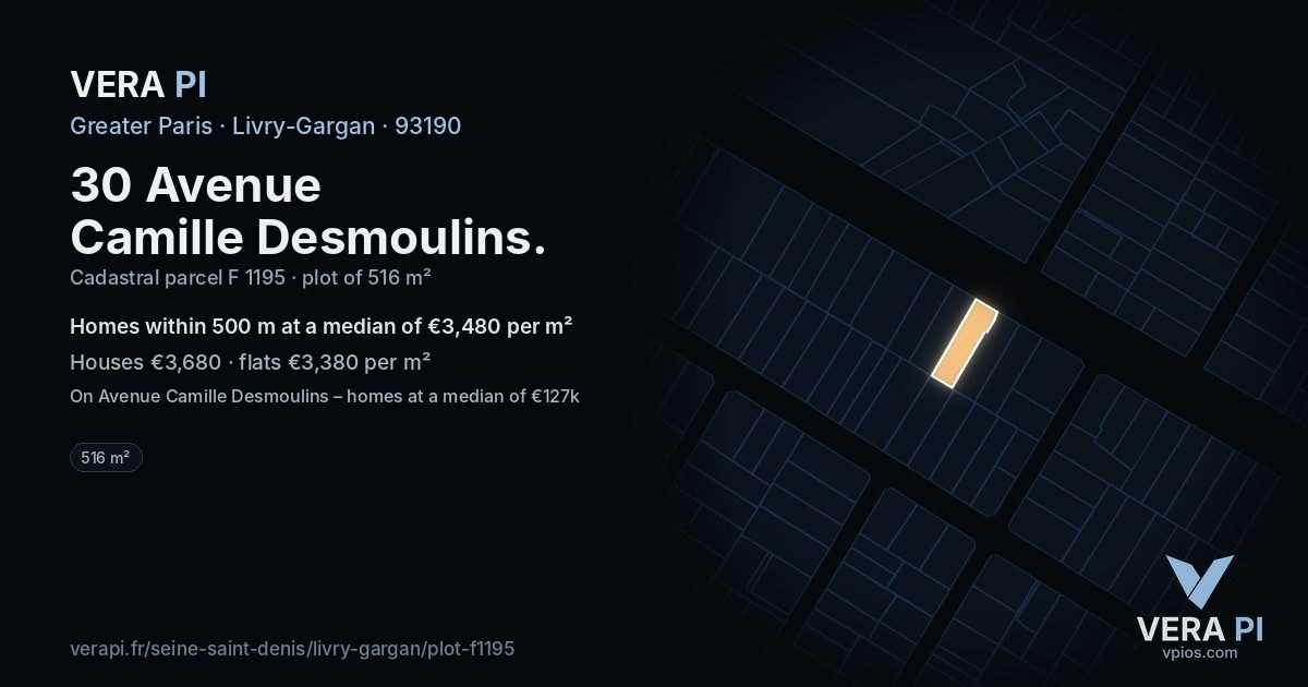 30 Avenue Camille Desmoulins, Livry-Gargan at night – the plot lit, the parcels around coloured by the prices near them