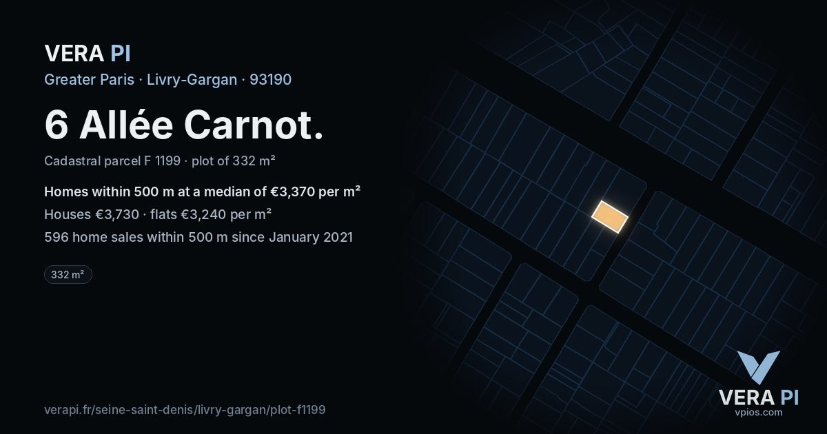 6 Allée Carnot, Livry-Gargan at night – the plot lit, the parcels around coloured by the prices near them