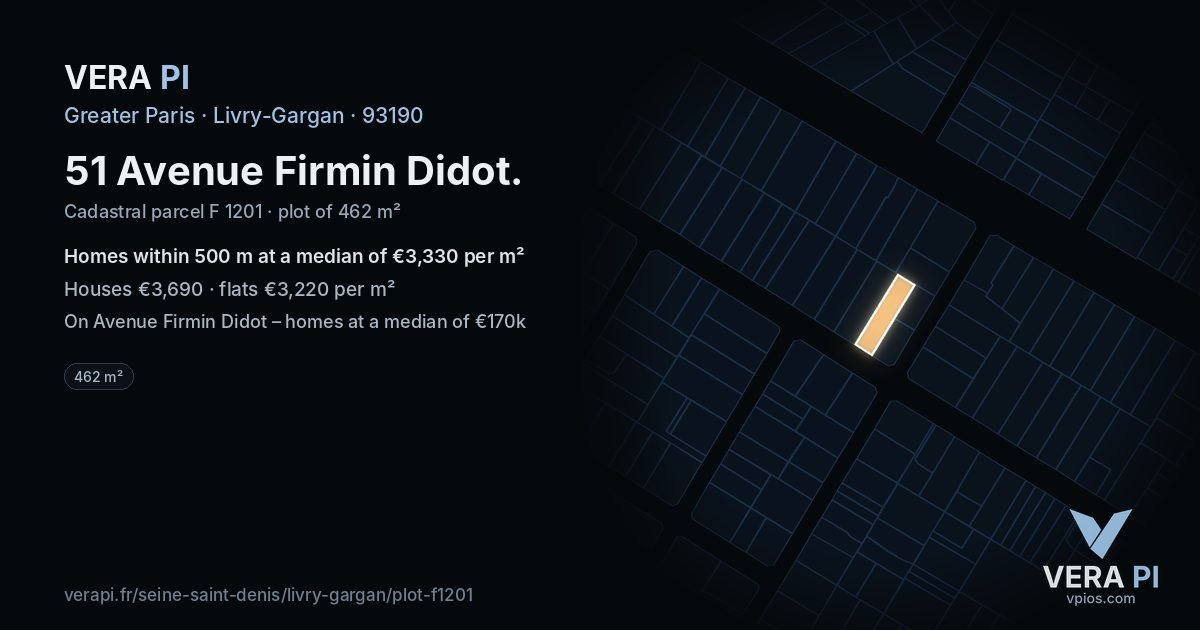 51 Avenue Firmin Didot, Livry-Gargan at night – the plot lit, the parcels around coloured by the prices near them