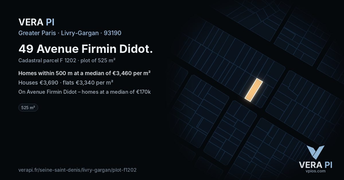 49 Avenue Firmin Didot, Livry-Gargan at night – the plot lit, the parcels around coloured by the prices near them