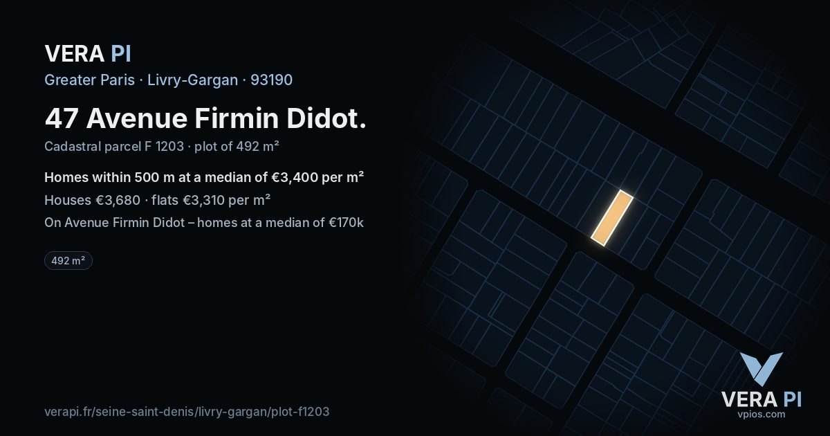 47 Avenue Firmin Didot, Livry-Gargan at night – the plot lit, the parcels around coloured by the prices near them
