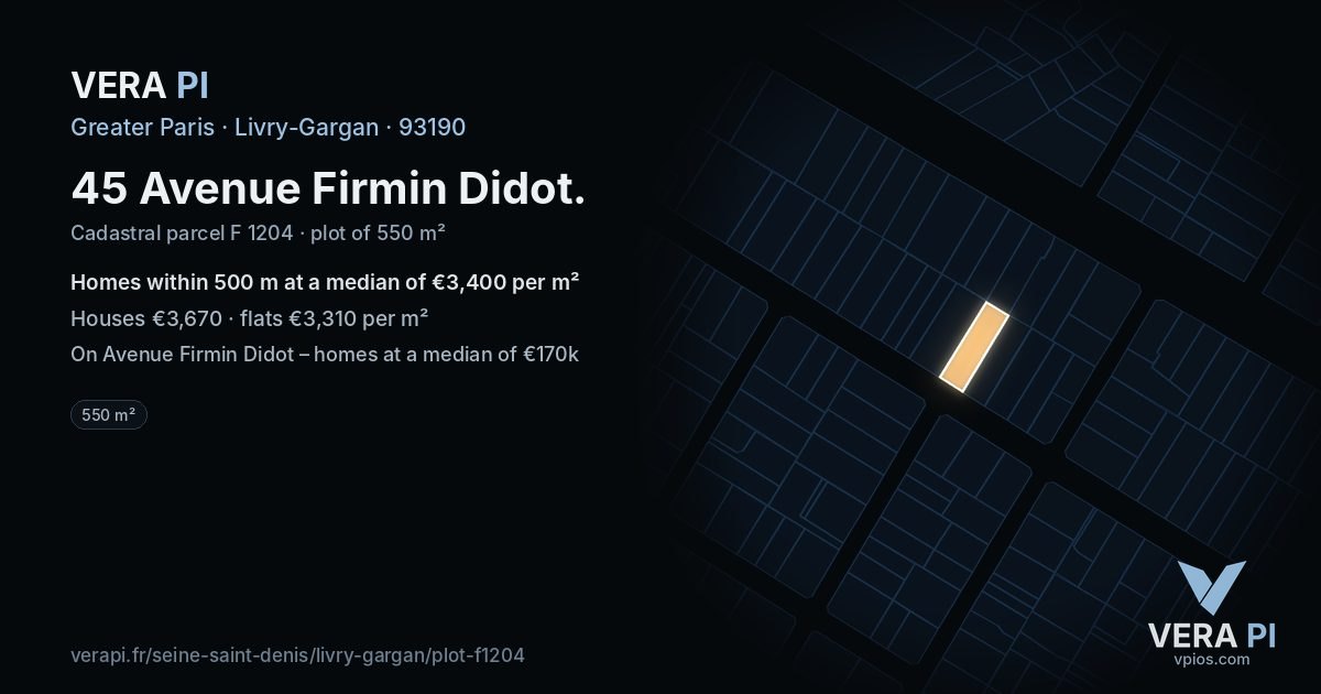 45 Avenue Firmin Didot, Livry-Gargan at night – the plot lit, the parcels around coloured by the prices near them