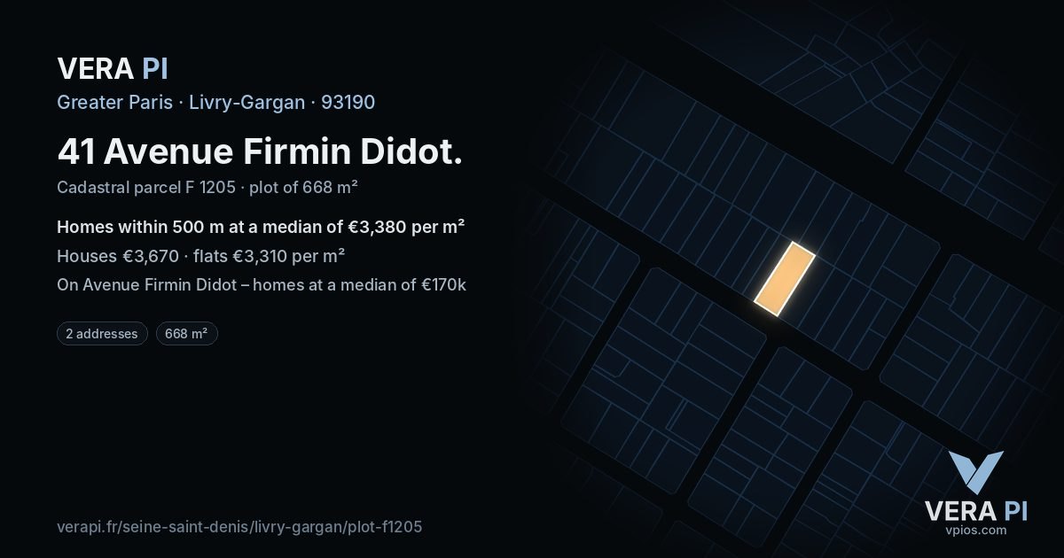 41 Avenue Firmin Didot, Livry-Gargan at night – the plot lit, the parcels around coloured by the prices near them