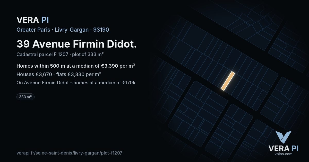 39 Avenue Firmin Didot, Livry-Gargan at night – the plot lit, the parcels around coloured by the prices near them