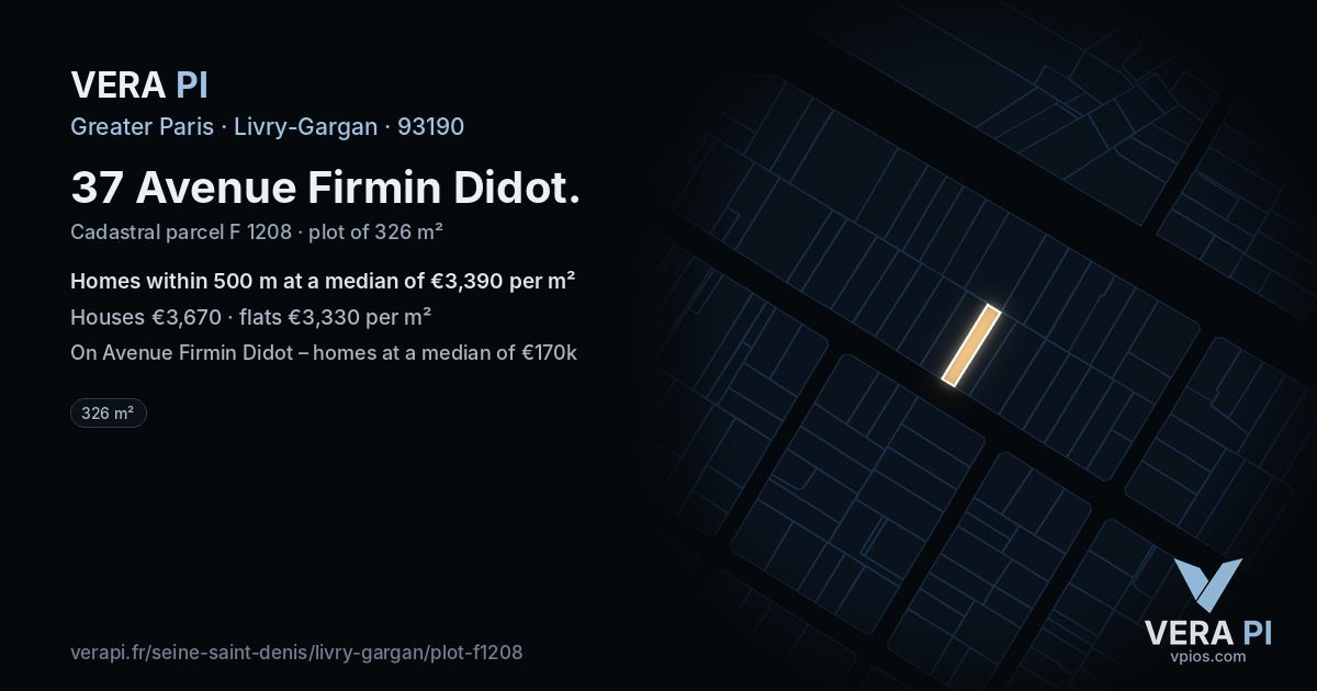 37 Avenue Firmin Didot, Livry-Gargan at night – the plot lit, the parcels around coloured by the prices near them