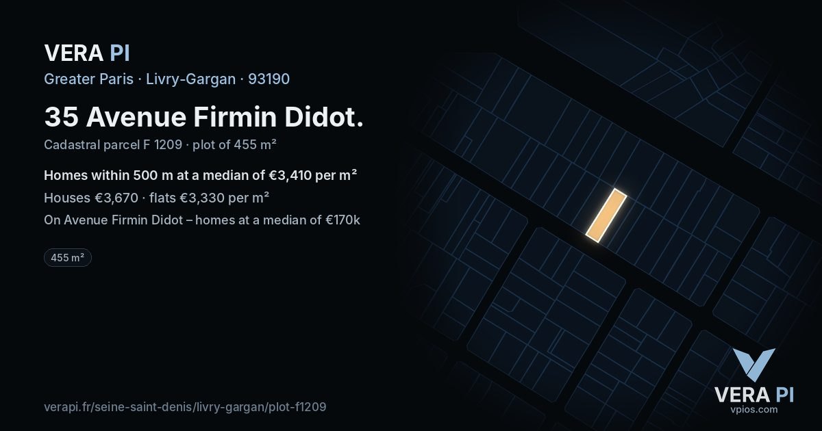 35 Avenue Firmin Didot, Livry-Gargan at night – the plot lit, the parcels around coloured by the prices near them