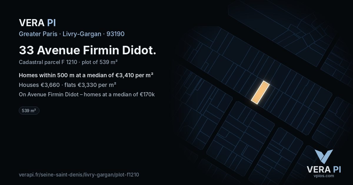 33 Avenue Firmin Didot, Livry-Gargan at night – the plot lit, the parcels around coloured by the prices near them