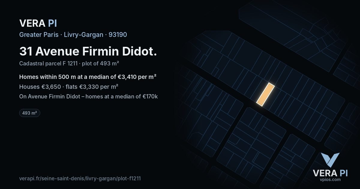 31 Avenue Firmin Didot, Livry-Gargan at night – the plot lit, the parcels around coloured by the prices near them
