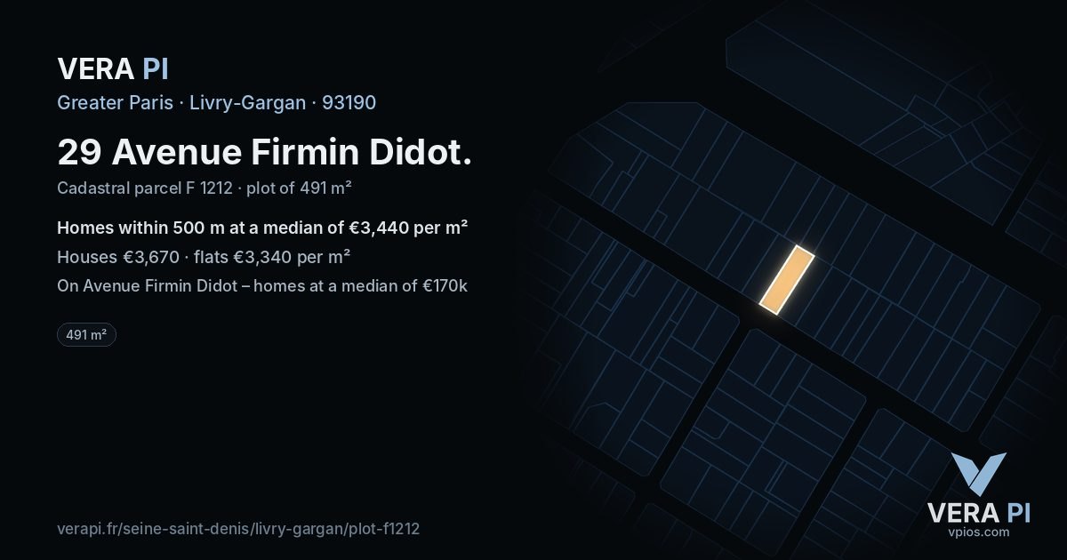 29 Avenue Firmin Didot, Livry-Gargan at night – the plot lit, the parcels around coloured by the prices near them