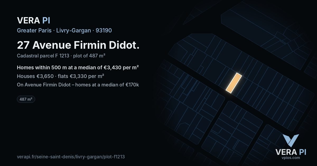 27 Avenue Firmin Didot, Livry-Gargan at night – the plot lit, the parcels around coloured by the prices near them