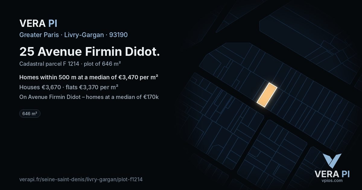 25 Avenue Firmin Didot, Livry-Gargan at night – the plot lit, the parcels around coloured by the prices near them