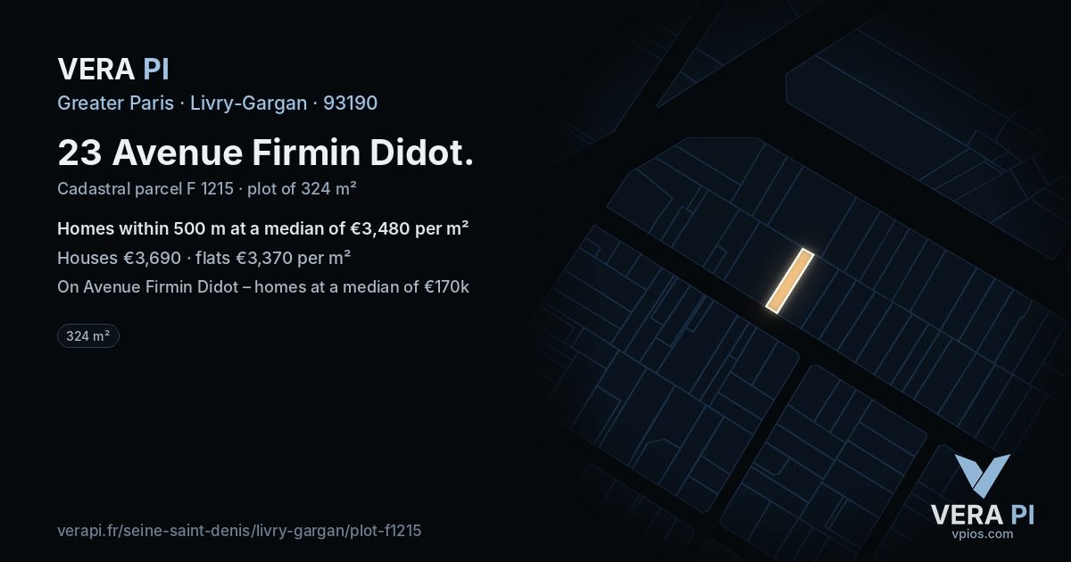 23 Avenue Firmin Didot, Livry-Gargan at night – the plot lit, the parcels around coloured by the prices near them