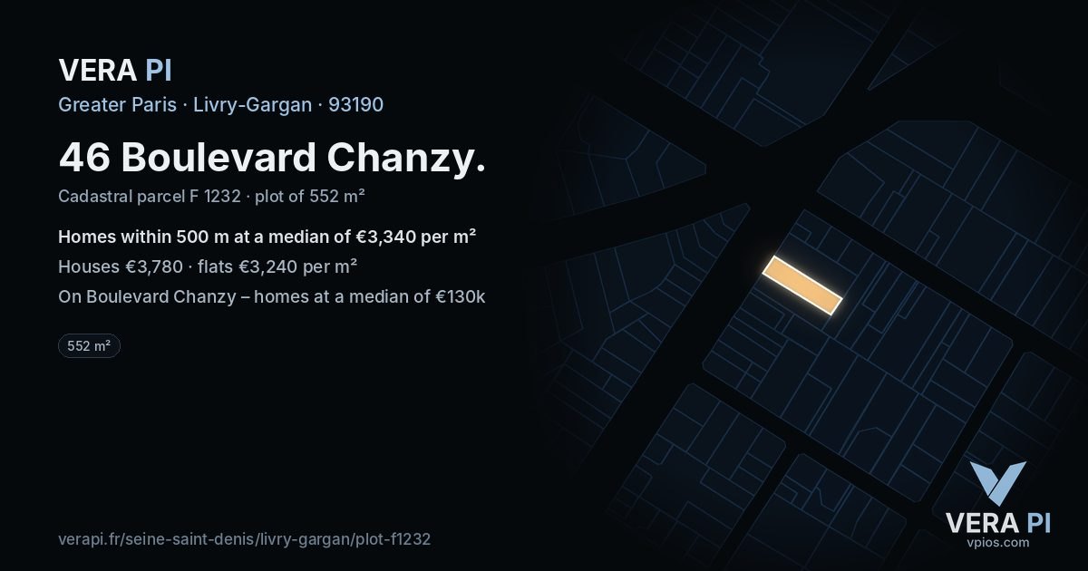 46 Boulevard Chanzy, Livry-Gargan at night – the plot lit, the parcels around coloured by the prices near them