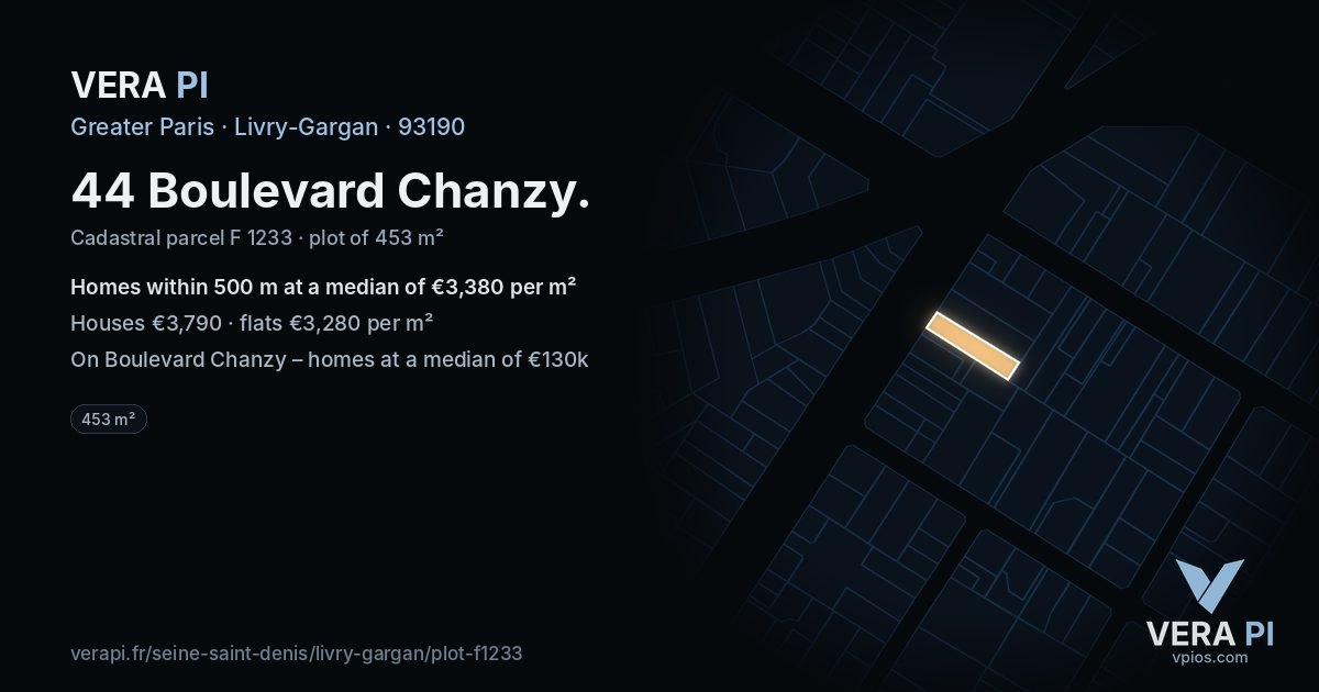 44 Boulevard Chanzy, Livry-Gargan at night – the plot lit, the parcels around coloured by the prices near them