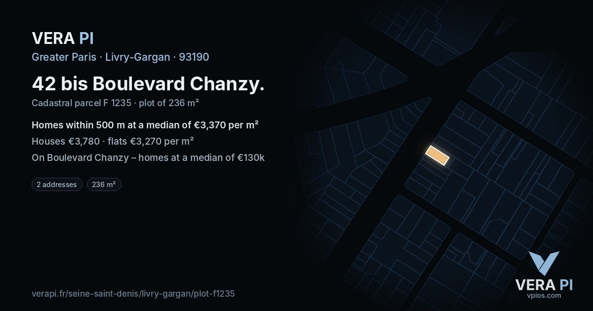 42 bis Boulevard Chanzy, Livry-Gargan at night – the plot lit, the parcels around coloured by the prices near them