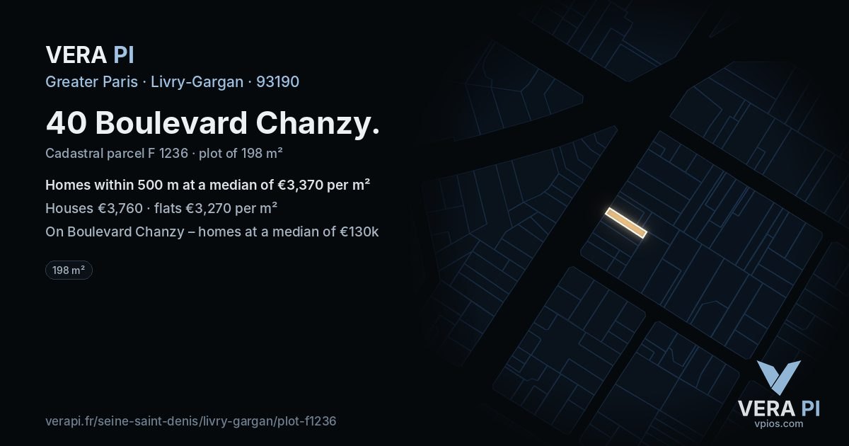 40 Boulevard Chanzy, Livry-Gargan at night – the plot lit, the parcels around coloured by the prices near them