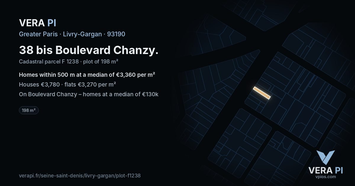 38 bis Boulevard Chanzy, Livry-Gargan at night – the plot lit, the parcels around coloured by the prices near them