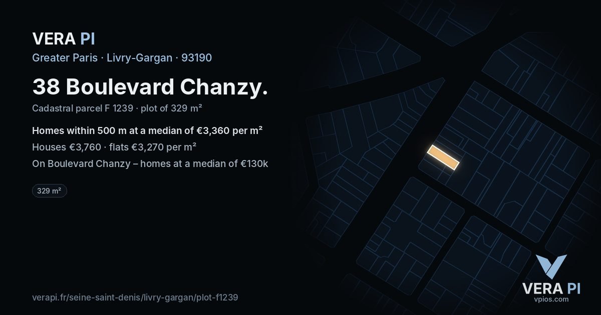 38 Boulevard Chanzy, Livry-Gargan at night – the plot lit, the parcels around coloured by the prices near them