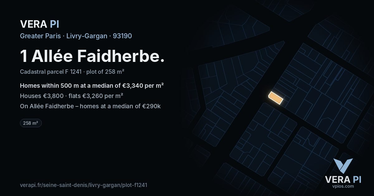 1 Allée Faidherbe, Livry-Gargan at night – the plot lit, the parcels around coloured by the prices near them